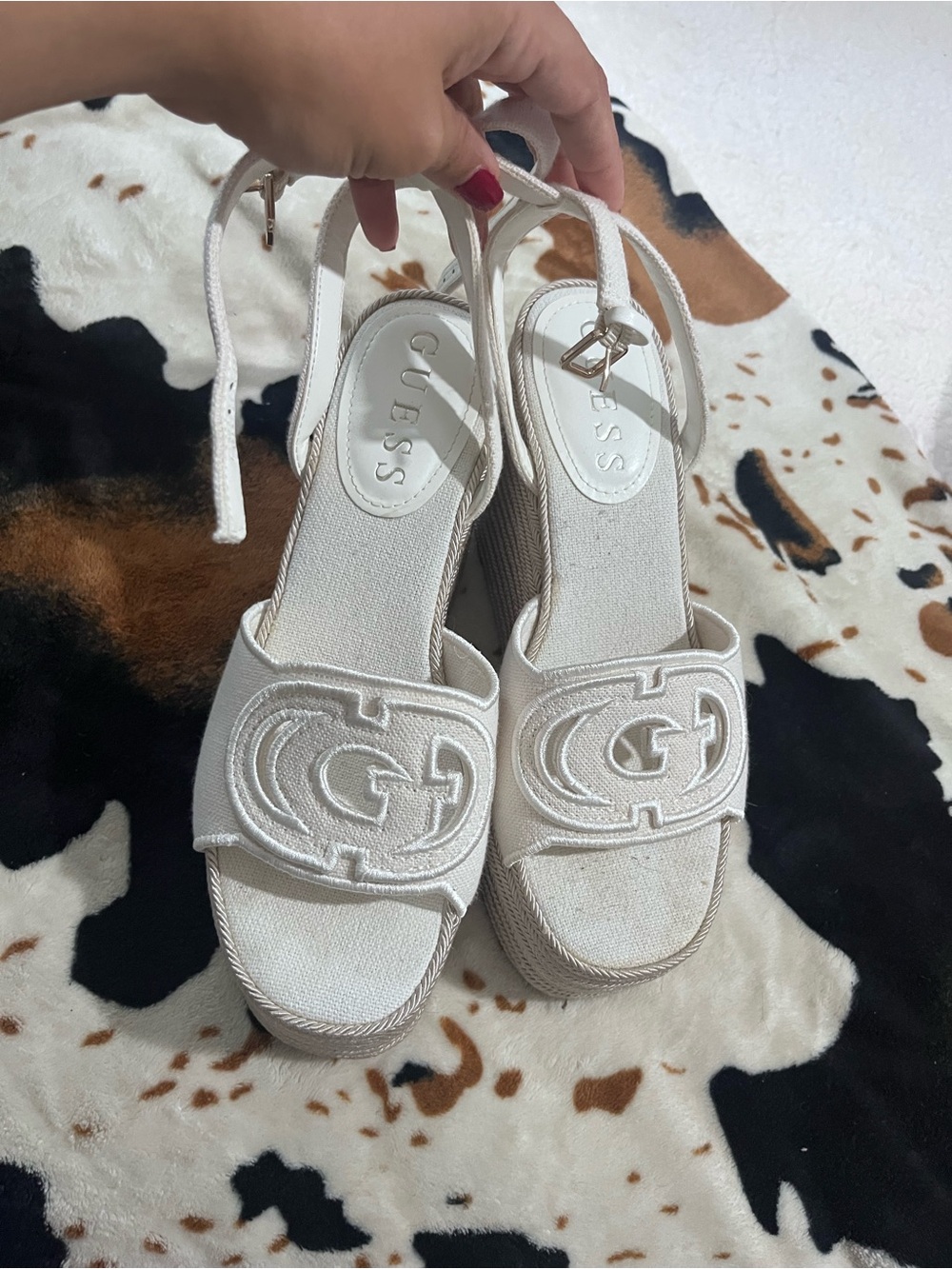 Guess Cream Platform Slingback Wedges with Embroidered Logo